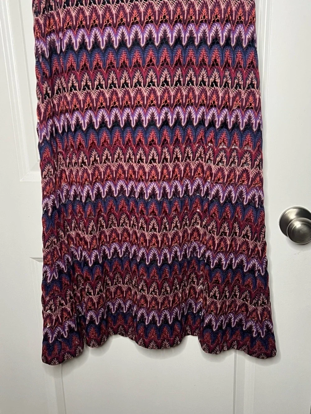Karen Kane Burgundy-Multi Stretch Crochet Knit Maxi Skirt Sz XS Career Casual